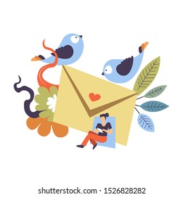 Relationship, woman reading a love letter, birds delivering big open envelope with heart, colorful floral foliage as abstract design element, flat concept vector illustration on white background