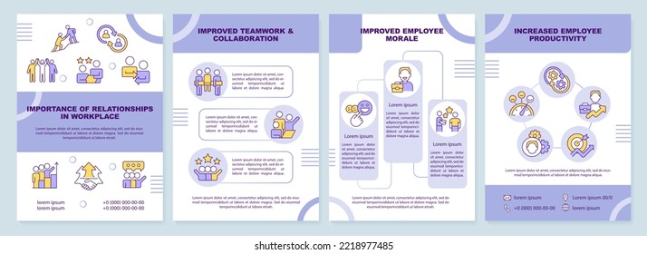 Relationship in workplace purple brochure template. Importance. Leaflet design with linear icons. Editable 4 vector layouts for presentation, annual reports. Arial-Black, Myriad Pro-Regular fonts used