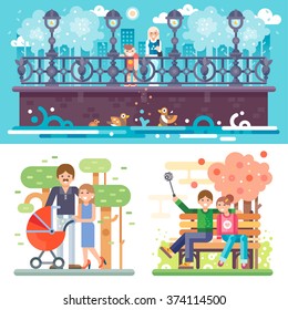 Relationships are awesome, love each other! Dating couple, happy married couple with a baby, Mom and son walking along the promenade and feeding ducks. Flat vector illustration set. 