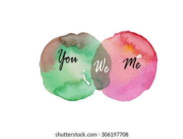 relationships  between two watercolor circle intersection  you and me to be we,Vector illustration