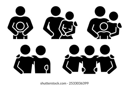 Relationships black illustrations collection. Friendship and family relations filled style icon set. Human social communication symbol. Man, woman, child, kid, male and female silhouettes. Couple icon