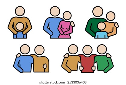 Relationships colored illustration collection. Friendship and family relations colorful style icon set. Human social communication symbol. Man, woman, child, male and female silhouettes. Couple icon