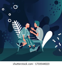 Concepto de relaciones. Personas hablando de personajes de fondo floral. Jóvenes compartiendo información. Amigos sentados en el parque. Ilustración vectorial plana de hombre y mujer.
