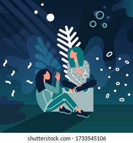 Beziehungskonzept. Menschen, die Charaktere auf blumengeschmücktem Hintergrund sprechen. Freunde teilen Eindrücke. Freunde sitzen im Park. Junge Frauen flache Vektorgrafik.