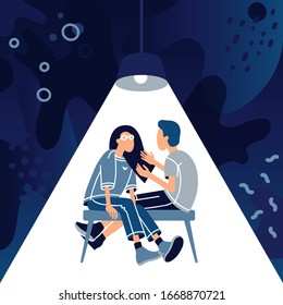 Relationships concept. Relationship problem of loving couple man and woman. Couple argues. Young girl and boy sharing there feelings. Siting boy and girl face to face. Flat vector illustration.