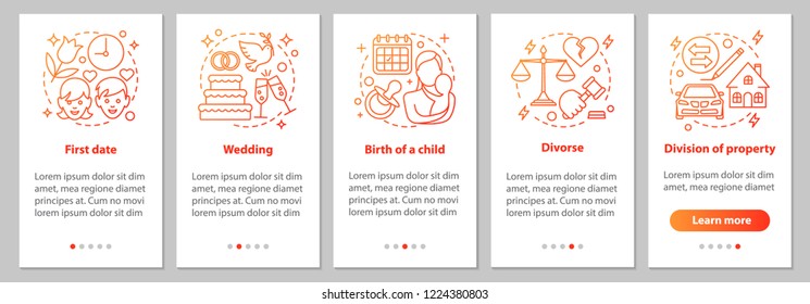 Relationships development onboarding mobile app page screen with linear concepts. First date, wedding, birth of child, divorce, division of property steps instructions. UX, UI, GUI vector illustration