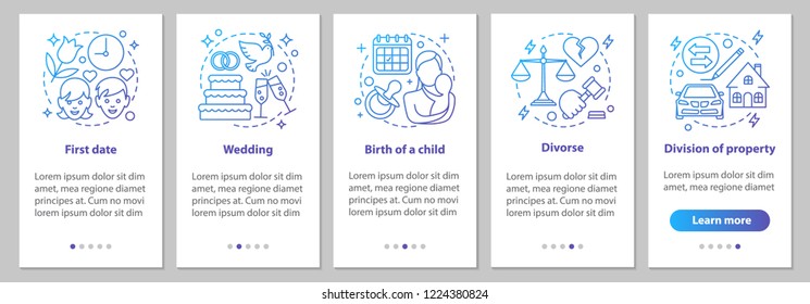 Relationships development onboarding mobile app page screen with linear concepts. First date, wedding, birth of child, divorce, division of property steps instructions. UX, UI, GUI vector illustration