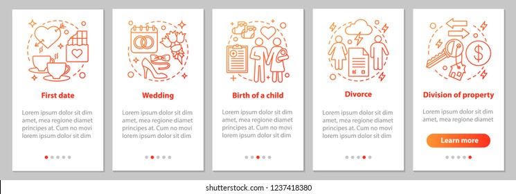 Relationships development onboarding mobile app page screen with linear concepts. First date, wedding, birth of child, divorce, division of property steps instructions. UX, UI, GUI vector illustration