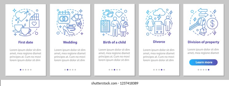 Relationships development onboarding mobile app page screen with linear concepts. First date, wedding, birth of child, divorce, division of property steps instructions. UX, UI, GUI vector illustration