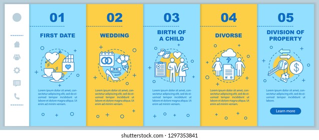Relationships development onboarding mobile app page screen vector template. First date, birth of child walkthrough website steps with linear illustrations. UX, UI, GUI smartphone interface concept