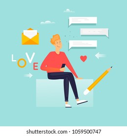 Relationships at a distance, the guy writes a message. Flat design vector illustration.