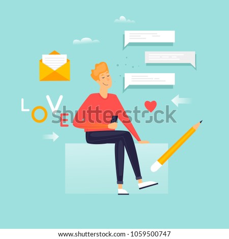 Relationships at a distance, the guy writes a message. Flat design vector illustration.
