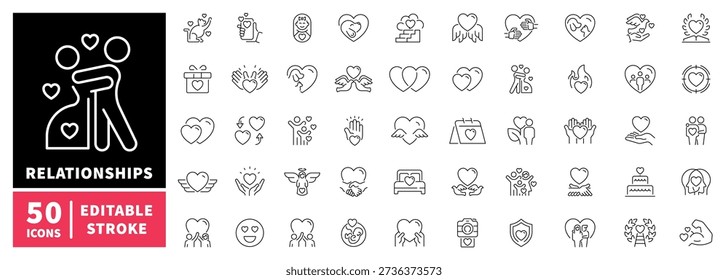 Relationships editable line icons set. love and romance symbols