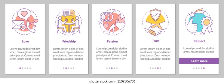 Relationships and feelings onboarding mobile app page screen with linear concepts.  Love, respect, trust, passion, friendship steps graphic instructions. UX, UI, GUI vector template with illustrations