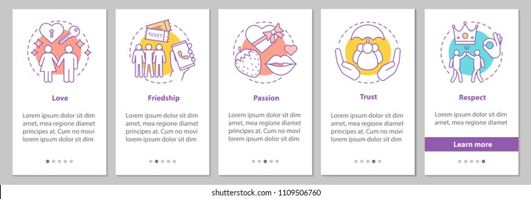 Relationships and feelings onboarding mobile app page screen with linear concepts.  Love, respect, trust, passion, friendship steps graphic instructions. UX, UI, GUI vector template with illustrations