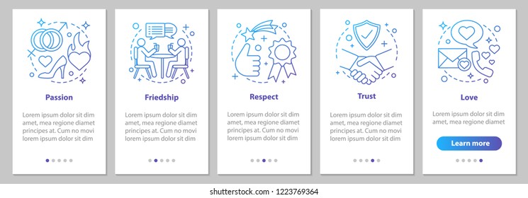 Relationships and feelings onboarding mobile app page screen with linear concepts.  Love, respect, trust, passion, friendship steps graphic instructions. UX, UI, GUI vector template with illustrations