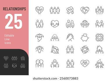 
Relationships line Editable Icons set. Vector illustration in modern thin line style of people human care related icons: customer, selling, product delivery, and more. Pictograms and infographics.
