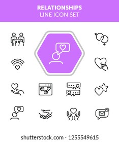 Relationships line icon set. Set of line icons on white background. Sociality concept. Message, notification, relationship. Vector illustration can be used for topics like internet, chatting