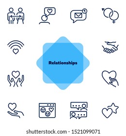 Relationships line icon set. Set of line icons on white background. Sociality concept. Message, notification, relationship. Vector illustration can be used for topics like internet, chatting
