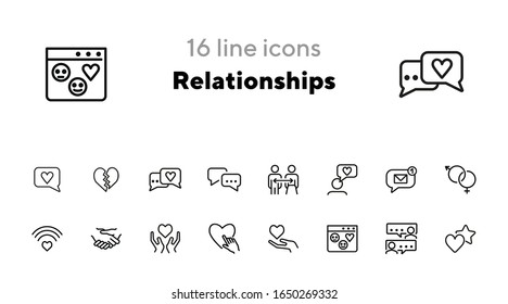 Relationships line icon set. Set of line icons on white background. Sociality concept. Message, notification, relationship. Vector illustration can be used for topics like internet, chatting