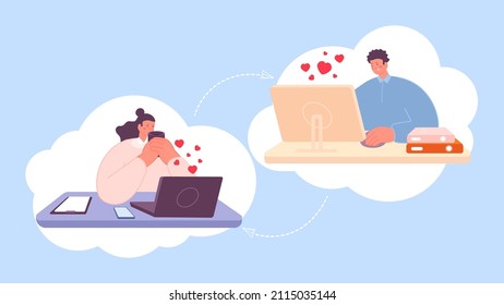 Relationships online. People happy with web love. Cloud service, friendship and work. Girl and boy with flying hearts. Internet chatting vector concept