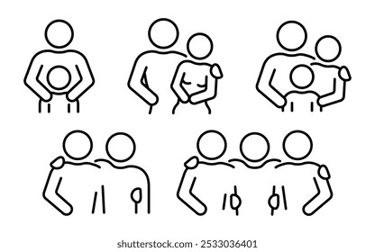 Relationships outline illustrations collection. Friendship and family relations line style icon set. Human social communication symbol. Man, woman, child, kid, male and female silhouettes. Couple icon