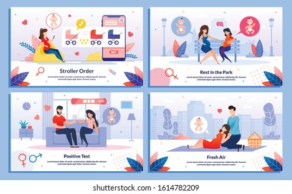 Relationships in Pregnancy, Pregnant Woman Active Life Trendy Flat Vector Banner, Poster Set. Lady Meeting Friend, Telling Husband About Pregnancy, Resting in Park, Shopping Online Illustration