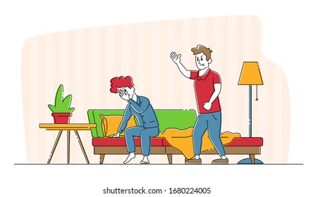Relationships Problem, Couple Fighting Concept. Annoyed Wife Tired of Husband Disagreement and Lecturing, Woman in Family Quarrel Crying and Thinking About Break Up., Pressure concept. Linear Vector Illustration