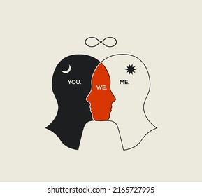 Relationship Psychologie Konzept abstrakte Illustration mit einigen menschlichen Kopfsilhouetten einzeln auf weißem Hintergrund. Vektorgrafik