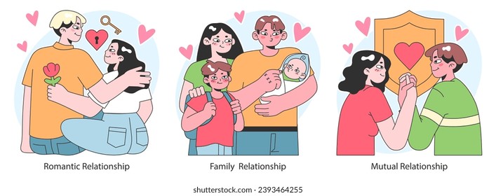 Relationships set. Diverse interpersonal romantic dynamics between characters. Mutual emotional connections across various scenarios. Flat vector illustration.