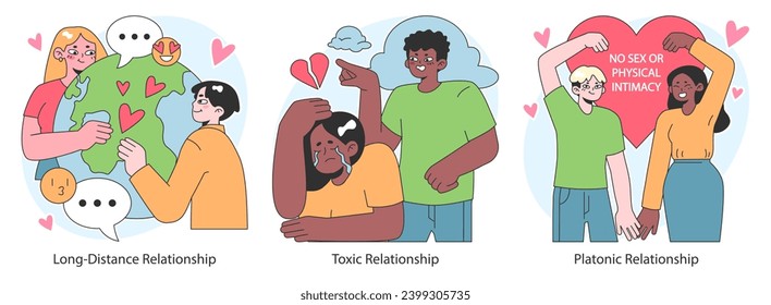 Relationships set. Diverse interpersonal romantic dynamics between characters. Mutual emotional connections across various scenarios. Flat vector illustration.