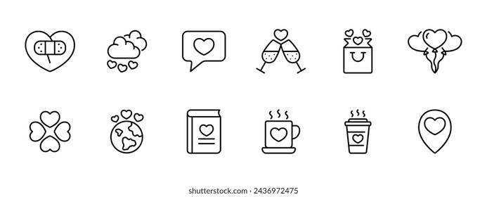 Relationships set icon. Taped heart, clouds with hearts, chatting, date, balls, clover, love all over world, book, cup, geolocation. Dating and gifts concept. Vector line icon on white background.