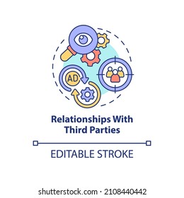 Relationships With Third Parties Concept Icon. Digital Marketing Strategy Abstract Idea Thin Line Illustration. Isolated Outline Drawing. Editable Stroke. Roboto-Medium, Myriad Pro-Bold Fonts Used