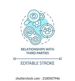 Relationships With Third Parties Turquoise Concept Icon. Digital Marketing Abstract Idea Thin Line Illustration. Isolated Outline Drawing. Editable Stroke. Roboto-Medium, Myriad Pro-Bold Fonts Used