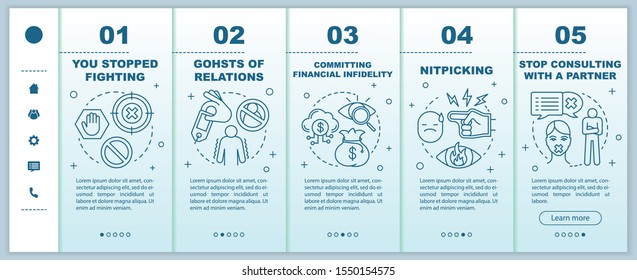 Relationships in trouble onboarding mobile web pages vector template. Responsive smartphone website interface with linear illustrations. Webpage walkthrough step screens. Color concept