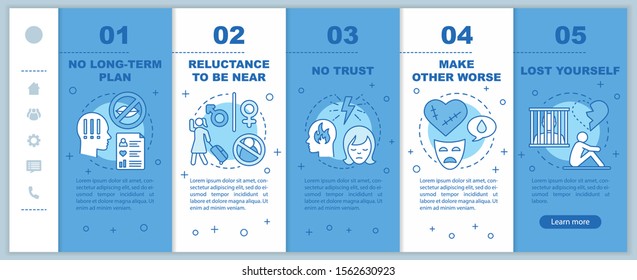 Relationships in trouble onboarding mobile web pages vector template. No trust. Responsive smartphone website interface idea with linear illustrations. Webpage walkthrough step screens. Color concept