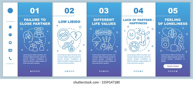 Relationships trouble signs onboarding mobile web pages vector template. Responsive smartphone website interface idea with linear illustrations. Webpage walkthrough step screens. Color concept