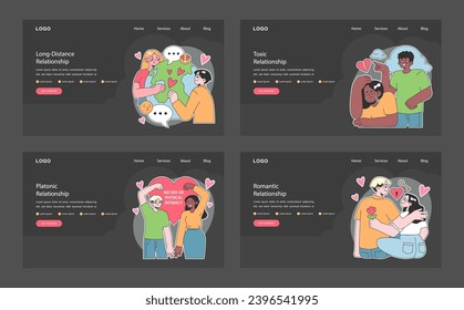 Relationships web or landing dark or night mode set. Diverse interpersonal romantic dynamics between characters. Mutual emotional connections across various scenarios. Flat vector illustration.