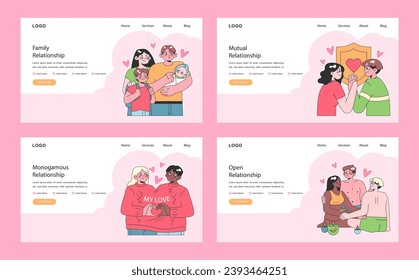 Relationships web or landing set. Diverse interpersonal romantic dynamics between characters. Mutual emotional connections across various scenarios. Flat vector illustration.