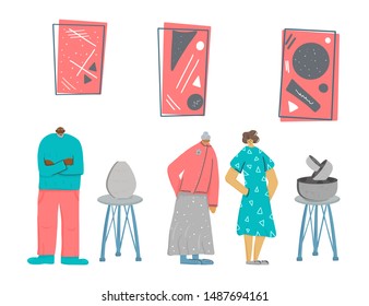 Relative different generation spending time together at a gallery of modern art. Exhibition visitors viewing contemporary painting. Young and old adult characters isolated. Vector flat illustartion.
