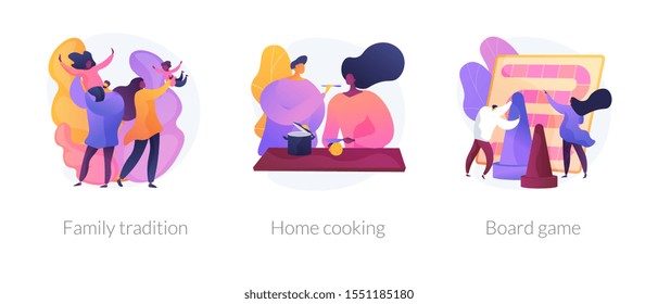 Relatives bonding, homemade food preparation, entertainment activity icons set. Family tradition, home cooking, board game metaphors. Vector isolated concept metaphor illustrations