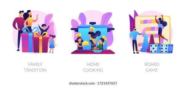 Relatives bonding, homemade food preparation, entertainment activity icons set. Family tradition, home cooking, board game metaphors. Vector isolated concept metaphor illustrations