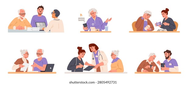 Relatives, carers, doctors, technologies helping senior people at their daily life flat vector illustrations isolted on white. 