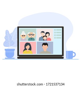 Relatives is having a video conference between themselves. Family video call during quarantine grandparents, parents and children. Vector illustration.