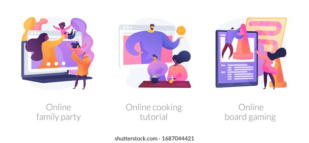 Relatives in self-isolation, quarantine spare time, covid pandemic icons set. Online family party, online cooking tutorial, online board game metaphors. Vector isolated concept metaphor illustrations