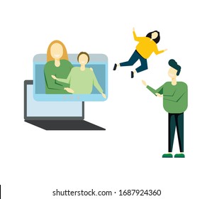 Relatives in self-isolation, quarantine spare time, covid pandemic icons. Online family party. Vector isolated concept metaphor illustrations
