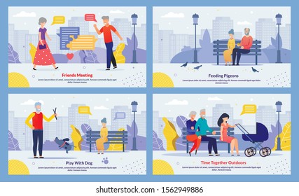 Relatives Spend Time Outdoors Together Banner Set. Cartoon Mature Married Couple Meeting or Playing with Dog, Young Mother with Newborn and Senior Parents Walking in Park. Vector Illustration