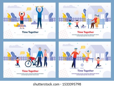 Relatives Spending Summer Time Together Flat Banner Set. Grandparents Playing Ball, Doing Sport, Walking Grandchildren in Yard. Outdoors Activities and Funny Weekends. Vector Cartoon illustration