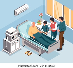 Relatives visiting elderly man in hospital 3d isometric vector illustration