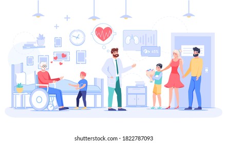 Relatives visiting handicapped grandfather at rehabilitation clinic. Happy young couple, children meeting granny talking to doctor in hospital ward. Positive medical forecast for sick retired patient